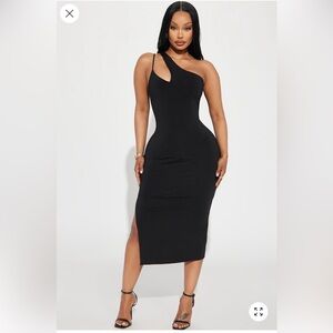 Fashion Nova Black One-Shoulder Cutout Bodycon Midi Dress